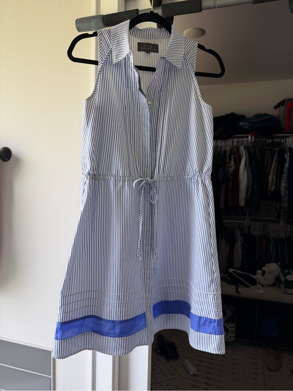 PJK Patterson J Kincaid Sleeveless Blue Striped Shirt Dress with Tie Waist